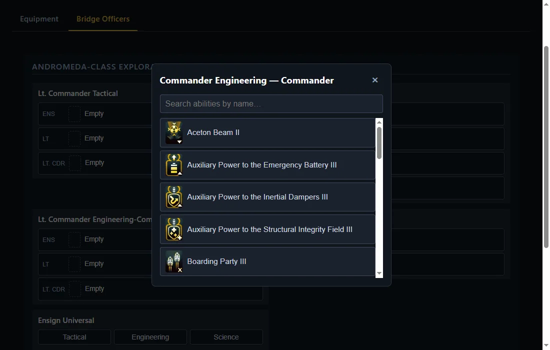 The ability picker for a Commander Engineering Commander slot, listing Aceton Beam II, Auxiliary Power to the Emergency Battery III, Auxiliary Power to the Inertial Dampers III, Auxiliary Power to the Structural Integrity Field III, and Boarding Party III.