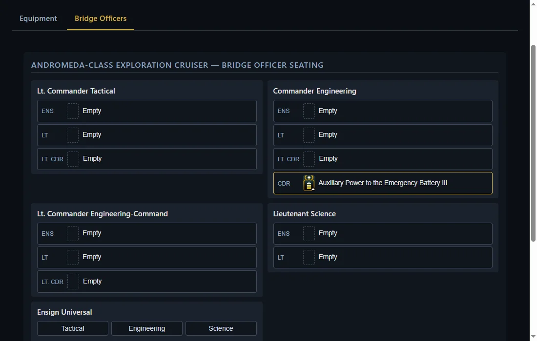 The Bridge Officers tab for the Andromeda-class Exploration Cruiser, showing a Lt. Commander Tactical seat, a Commander Engineering seat, a Lt. Commander Engineering-Command seat, a Lieutenant Science seat, and an Ensign Universal seat.