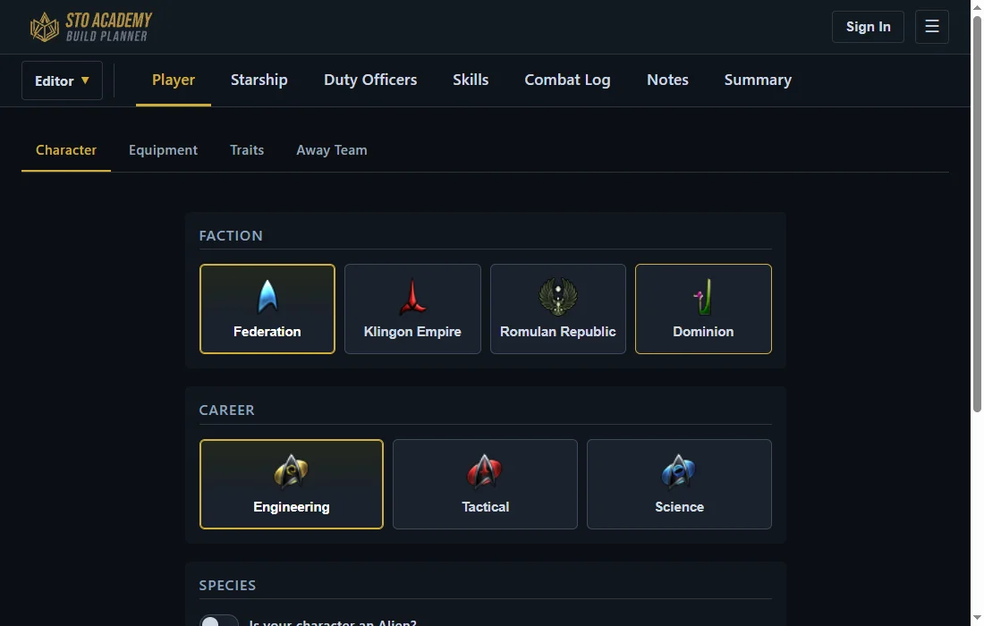 The Build Planner's Character tab, showing Faction and Career choices with Federation and Engineering selected.