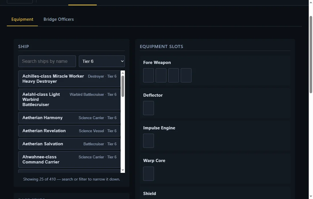 The Build Planner's ship picker with a search box and a Tier 6 filter, listing ships such as the Achilles-class Miracle Worker Heavy Destroyer and the Aetherian Revelation, each labeled with its class and tier.