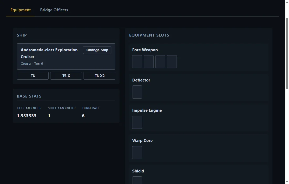 The Starship Equipment tab in the Build Planner, showing the Fore Weapon, Deflector, Impulse Engine, Warp Core, and Shield slots for a selected ship.