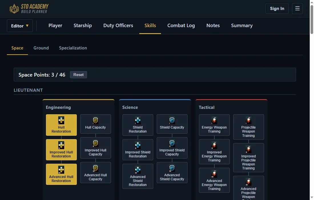 The Space skills tab showing a Space Points counter reading 3 of 46, with the three Hull Restoration skills highlighted in the Engineering column.
